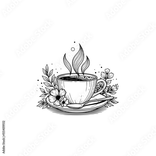Coffee cup art drawing with flowers and steam design for cafe and restaurant decoration illustration