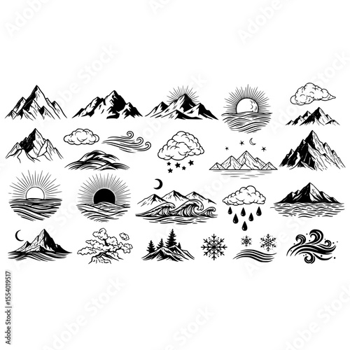 Mountain landscape nature scene with sun, moon, clouds, waves, and trees vector art illustration design