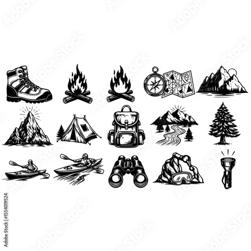 Camping hiking adventure outdoor nature travel backpacking mountains campfire kayaking compass and map gear