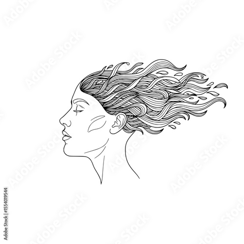 Woman face profile with flowing hair vector art drawing illustration design graphic outline minimalist style