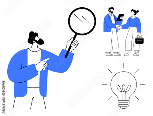 Man analyzing with magnifying glass, professionals shaking hands symbolizing partnership, and glowing light bulb for new ideas. Ideal for analysis, teamwork, innovation, startup, business planning