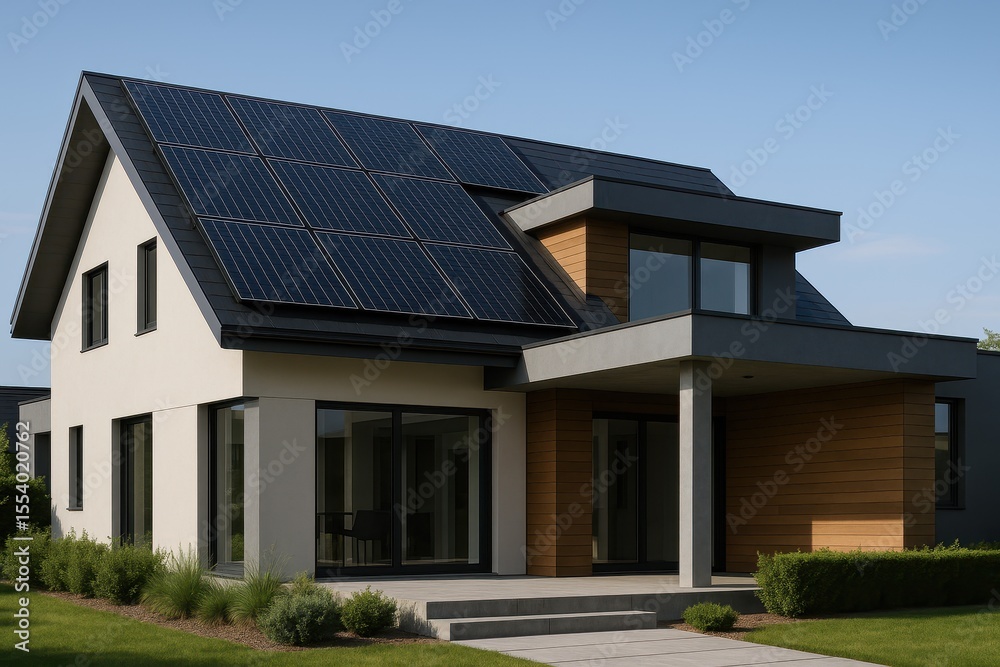 Residential rooftop covered with sleek black photovoltaic panels in suburban neighborhood Residential rooftop covered with sleek black photovoltaic panels in suburban neighborhood
