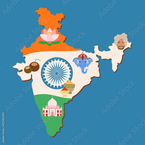 India map with cultural symbols vector illustration