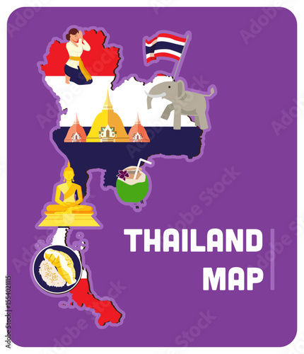 Thailand map with cultural symbols vector illustration