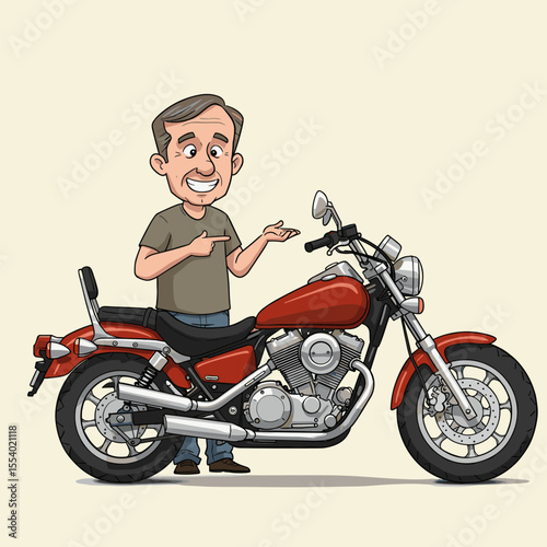 A cartoon person in a gray t-shirt and blue jeans stands beside a classic red motorcycle, pointing at it as if presenting.