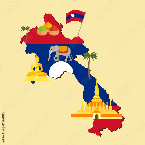 Laos map with cultural symbols vector illustration