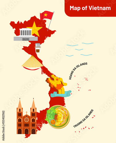 Vietnam map with cultural symbols vector illustration