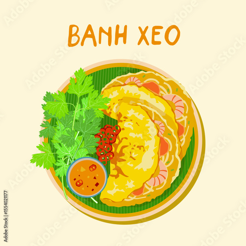 Traditional Vietnamese banh xeo with herbs flat design