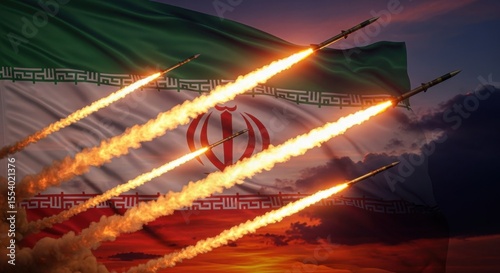 Iranian missiles launch against a backdrop of the nation's flag at sunset with dramatic clouds