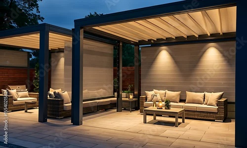 Cozy outdoor lounge area with modern furniture, soft lighting, and serene atmosphere at dusk