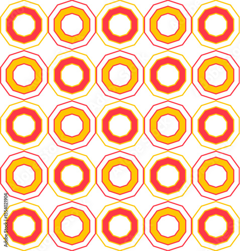 Contemporary repeating line pattern of decagons in yellow and red on white background, seamless geometric vector illustration