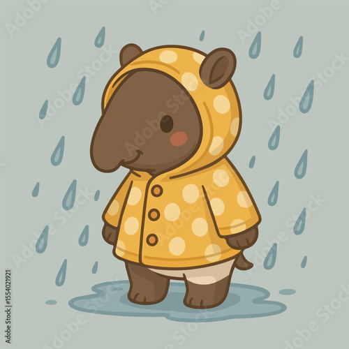 Rainy Day Tapir: This adorable tapir, with its charming smile and rosy cheeks, stands confidently in a downpour. The illustration uses gentle pastel tones, a delightful aesthetic.