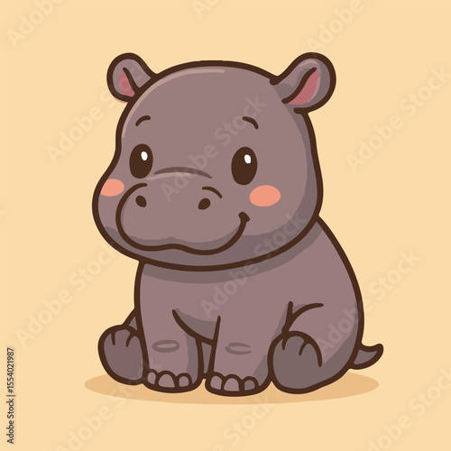 Cute Hippo Cartoon: A delightful cartoon illustration of a baby hippopotamus sitting, radiating happiness with its endearing smile and charming rosy cheeks.