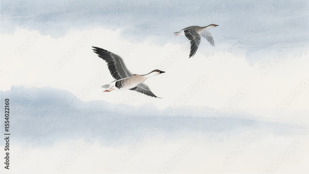 Obraz premium Two Geese in Flight Against a Cloudy Sky