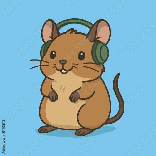 Cute Mouse Enjoying Music: A charming illustration of a mouse joyfully immersed in music, wearing headphones against a calming blue backdrop.