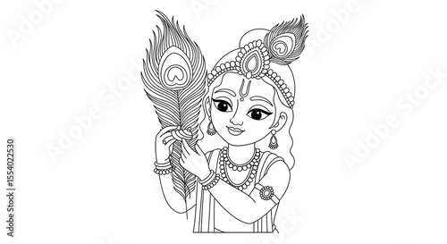 Charming line art illustration of lord krishna holding a peacock feather isolated on transparent background