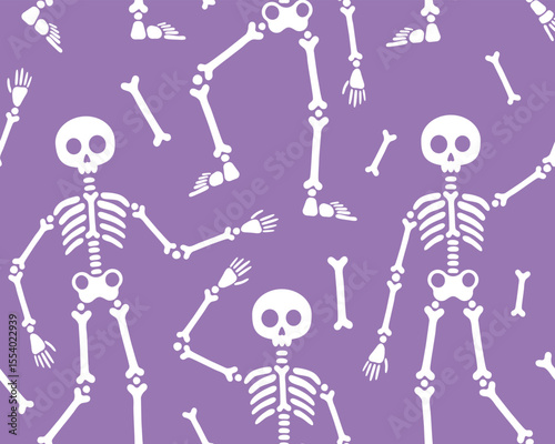 Halloween and day of the dead seamless pattern. Skeletons in different poses, white silhouettes of skeletons on a purple background, skull, bones. Design for wrapping paper, print.