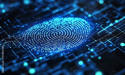 Digital fingerprint representation on a circuit board background, symbolizing technology and security