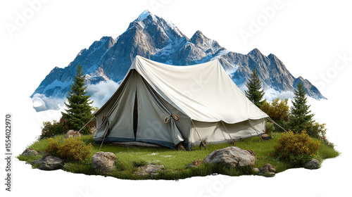 Camping Tent Adventure: A cozy camping tent nestled amidst a picturesque mountain landscape, surrounded by lush greenery and towering peaks, inviting you to embrace the serenity of the great outdoors.