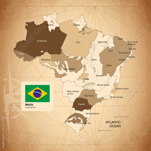 Brazil map in retro style with cultural icons flat design
