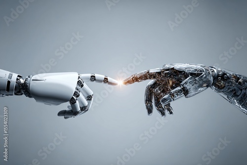 Artificial Intelligence Interaction Robotic Hand Touching Human Hand Studio Digital Art Futuristic Theme