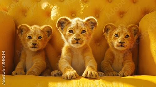 Three cute lion cubs sitting on a yellow armchair.