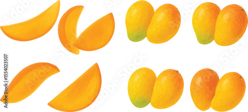 Hand-Painted Watercolor Mango Fruit Collection Whole and Sliced Tropical Fruit Isolated on Transparent Background for Packaging, Labeling, and Culinary Design | Generative AI