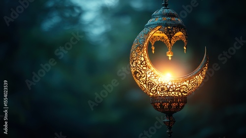 Illuminated crescent moon lantern hanging outdoors at night.