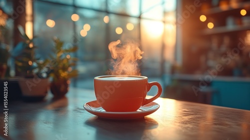 Steaming hot coffee in orange cup on wooden table in cafe with sunset view.