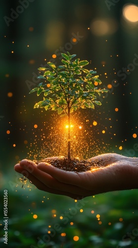 Glowing sapling in hand, magical forest background.