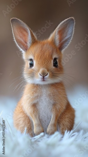Adorable fluffy brown bunny rabbit sitting on white fur.