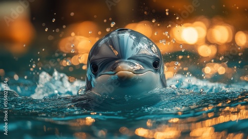 Close-up of a dolphin's face emerging from turquoise water, with bokeh lights in the background.
