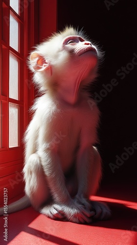 Adorable baby monkey sitting near red window, looking up.