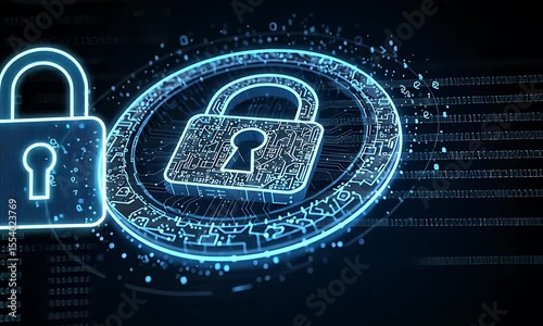Digital lock symbolizing cybersecurity with data streams and binary code in the background