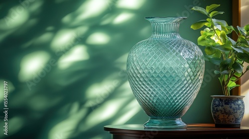 Teal glass vase with plant on wooden table, sunlight shadows on green wall.