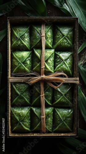 Top view of green sweet treats in a box, tied with twine.