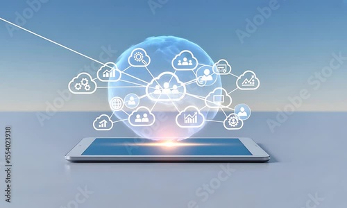 Digital tablet displaying cloud computing icons with a serene sky and horizon in the background