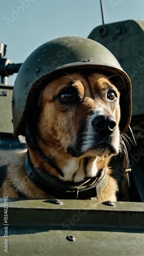 Military Dog in Armored Vehicle Wearing Tactical Helmet