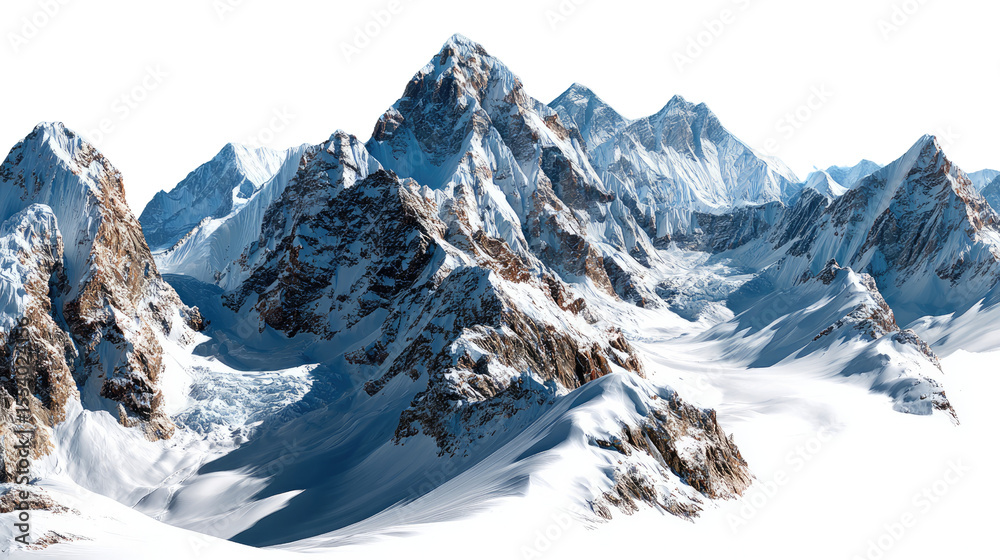 Obraz premium Snow-Capped Peaks: Jagged mountain peaks covered in glistening snow stand tall against clear background, evoking a sense of adventure and awe in the majestic natural landscape.