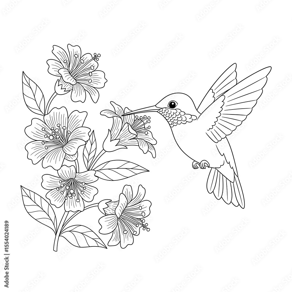 Obraz premium Hummingbird feeding on delicate flowers line art isolated on transparent background
