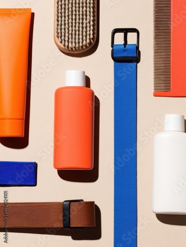 Vibrant arrangement of grooming products and accessories on a neutral background, showcasing colors and textures