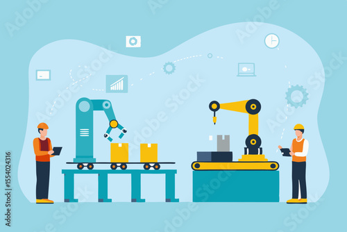Description: A scene depicting automation and robotics in a manufacturing or industrial setting. Robots are handling boxes on a conveyor belt, with humans overseeing the process. The background includ