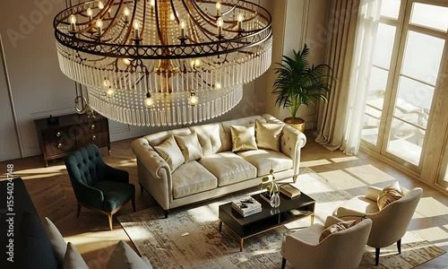 Elegant living room featuring a luxurious chandelier, stylish furniture, and natural light streaming in