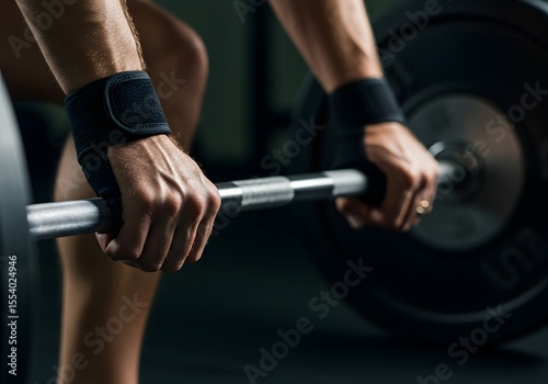 Wallpaper Mural Close-up of hands in wrist wraps gripping a barbell loaded with weight plates, preparing for a heavy strength training workout in a gym environment, promoting fitness and exercise Torontodigital.ca