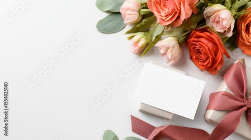 Elegant floral arrangement with gift box and blank card on a white background for celebrations