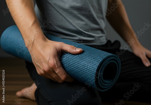 Wallpaper Mural Close-up of a person's hand holding a rolled-up blue yoga mat, ready for a fitness session or mindful practice Torontodigital.ca