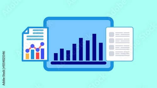Animated illustration of data analysis and business report with bar charts and documents shown on a digital screen in a modern flat and colorful infographic style