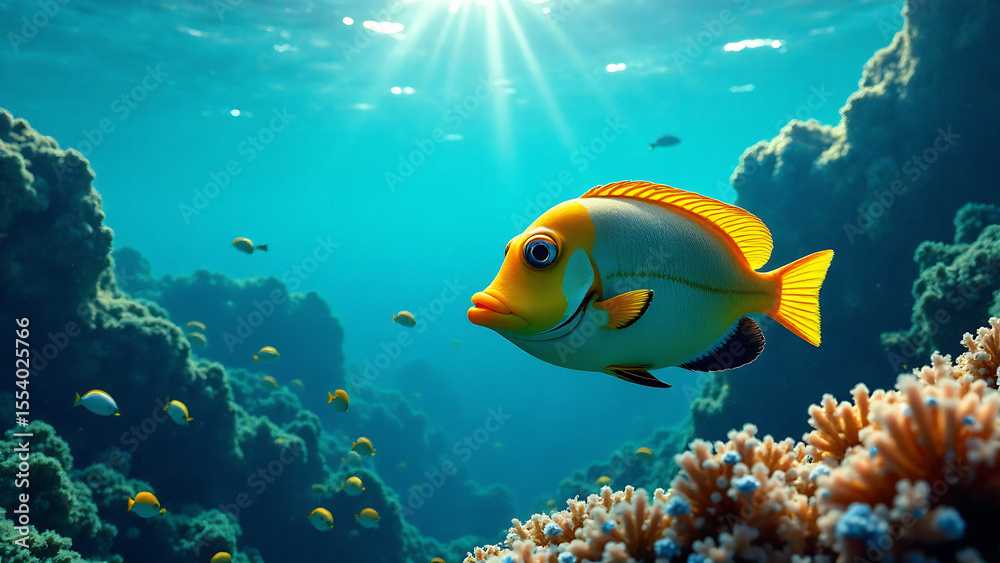 Naklejka premium A vibrant, diverse array of marine wildlife flourishing in a crystal-clear, healthy ocean. Focus on the beauty and interconnectedness of the creatures. High-quality, photorealistic style.