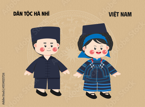 Vietnam Ha Nhi male and female characters cultural outfits flat design