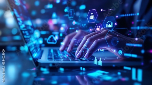 Cyber security on laptop computer with digital data protection and network technology concept image